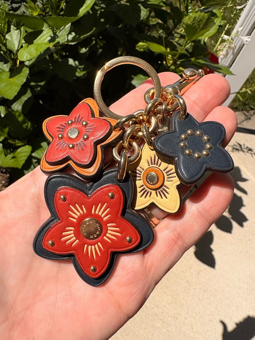 Coach Floral Leather Keychain Charm in Red, Navy and Cream